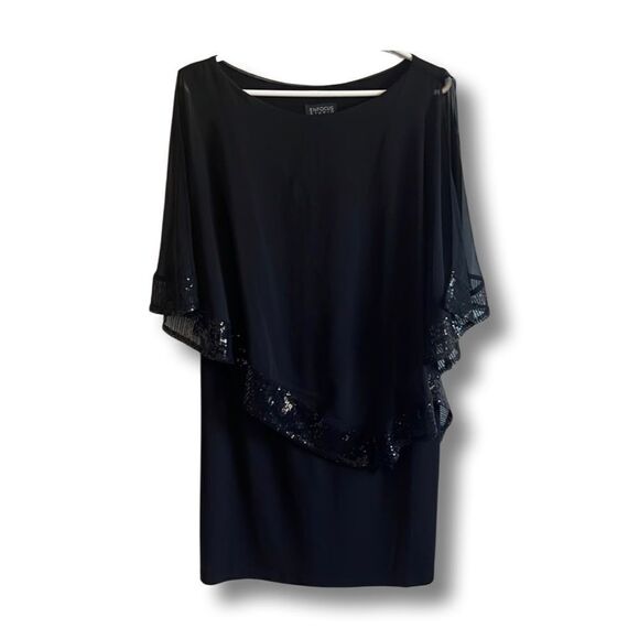 Black Dress with Sheer Sequin Poncho Overlay - Picture 2 of 10